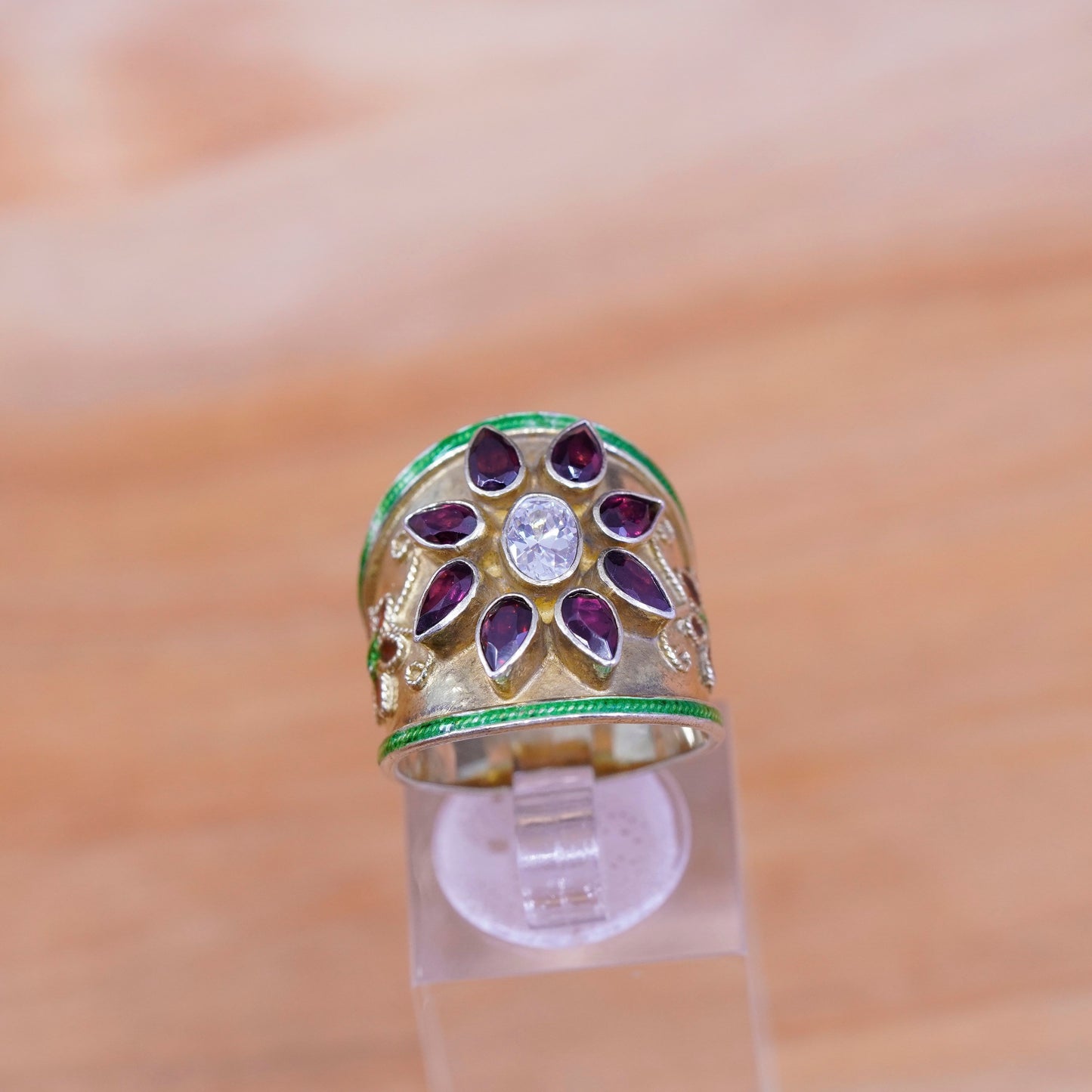 Size 7.5, vermeil gold over Sterling silver ring enamel flower 925 ruby Crystal