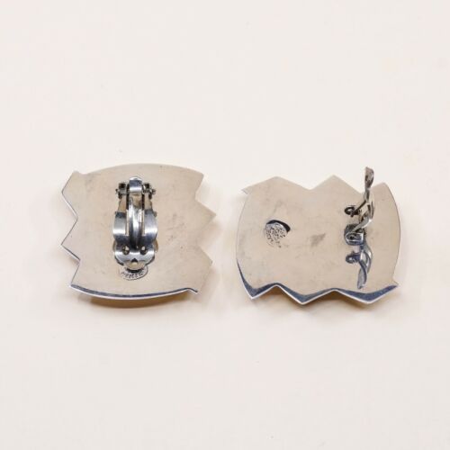 Vtg Modern STERLING 925 SILVER Mexican Handmade Earrings, Ribbed 925 Clip On