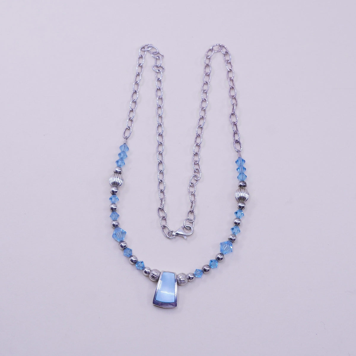 17”, Sterling 925 silver necklace with crystal beads mother of pearl pendant