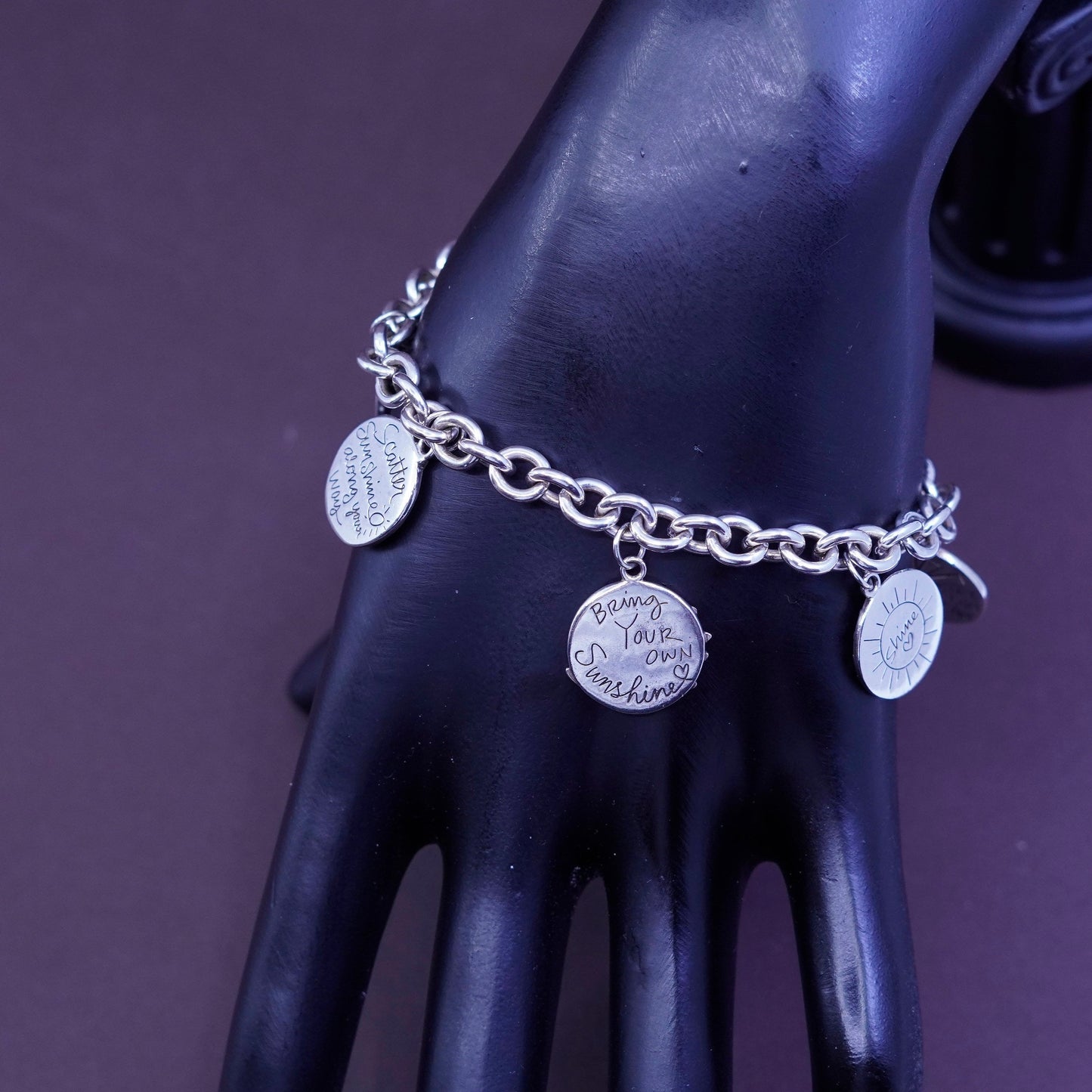 7”, vtg Sterling silver handmade bracelet, 925 bold circle chain with 6 charms