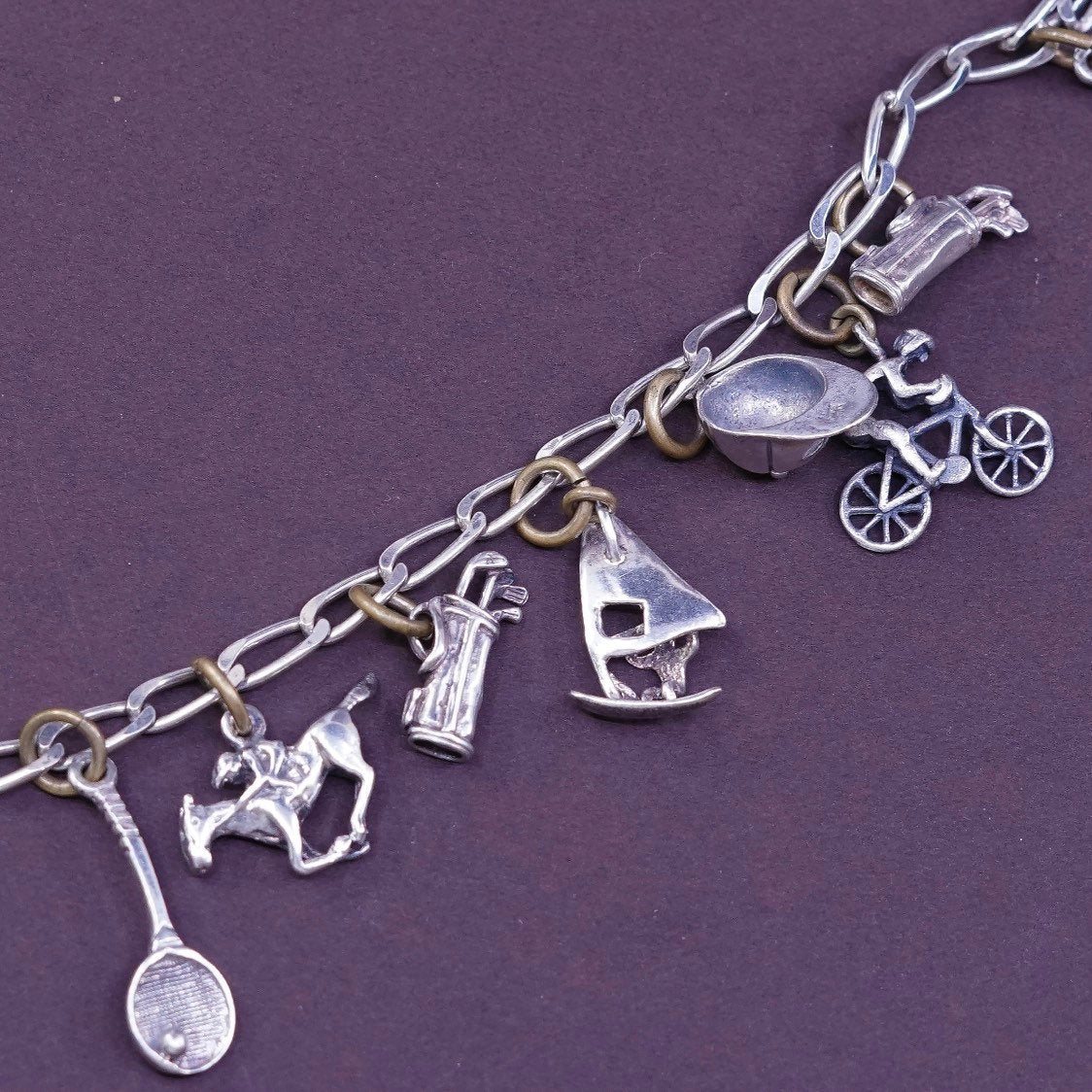 6.5”, Sterling silver handmade bracelet, 925 curb chain w/ tennis racket charm