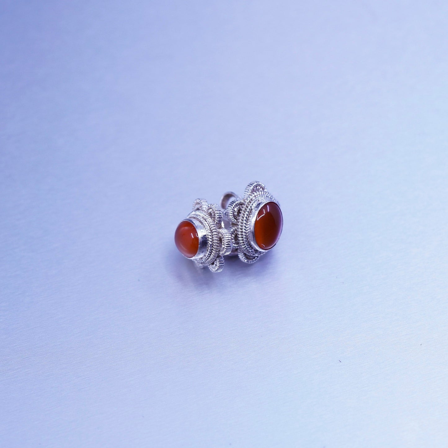 Vintage Sterling 925 silver handmade earrings, floral studs with carnelian