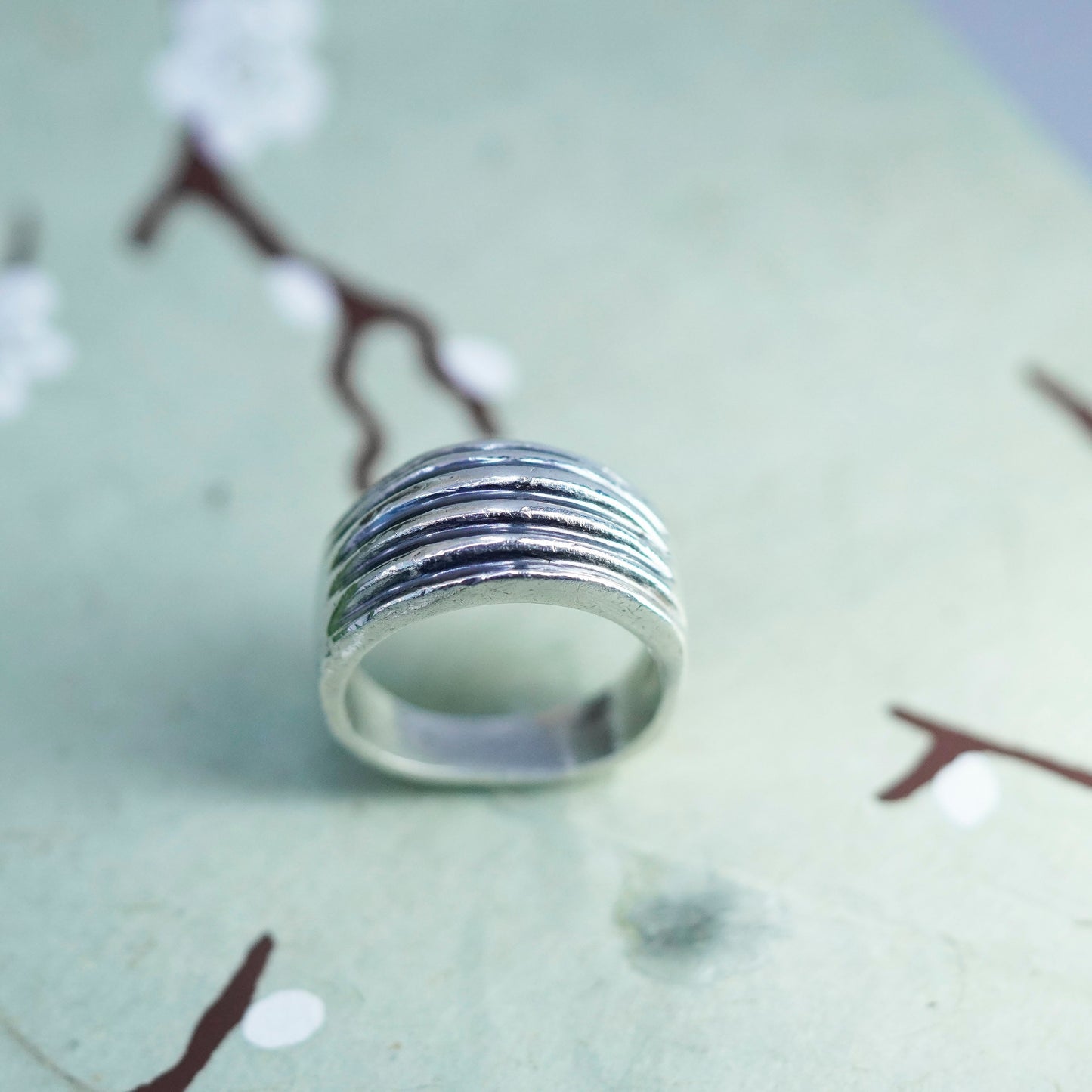 Size 6.5, VTG sterling silver handmade ribbed ring, Mexico 925 statement band