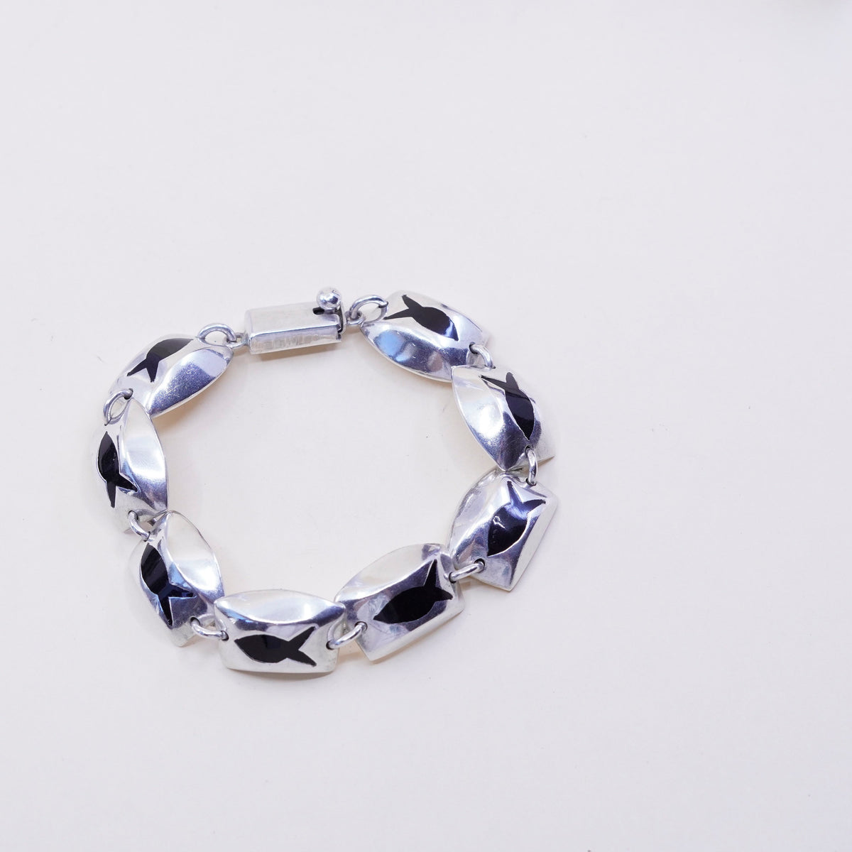 7.25”, mexico handmade sterling 925 silver tennis bracelet w/ black enamel fish