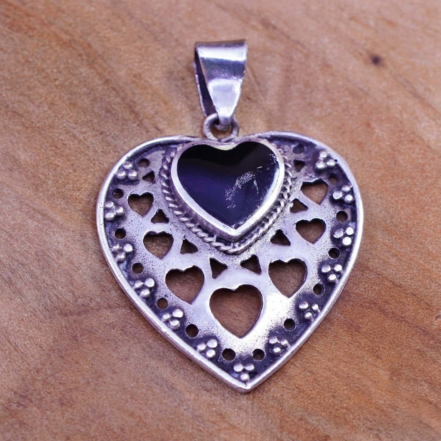 BONA Sterling 925 silver handmade heart pendant with obsidian and filigree