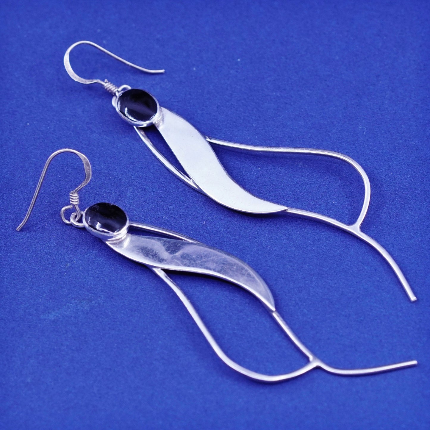 Vintage sterling 925 silver handmade long wavy earrings with oval obsidian