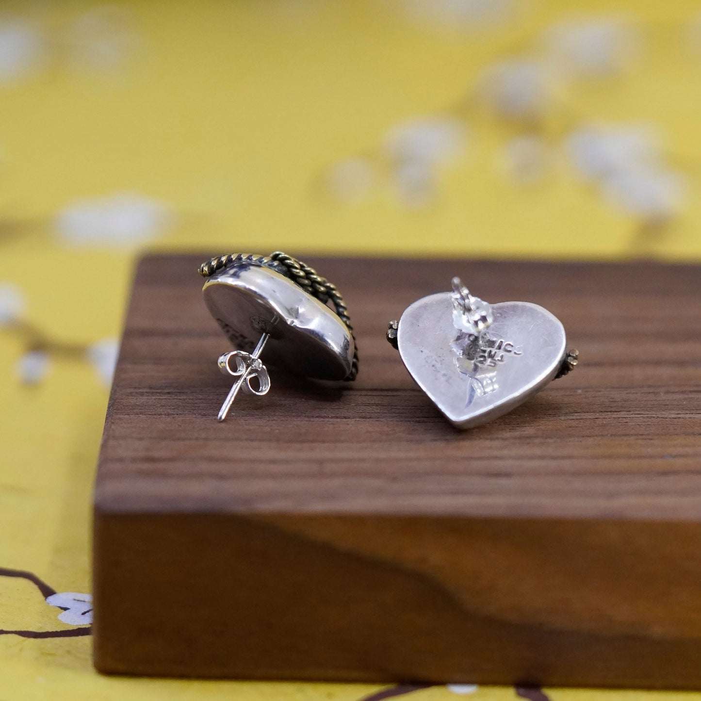 Two Tone Sterling silver handmade earrings, mexico 925 heart studs brass cable