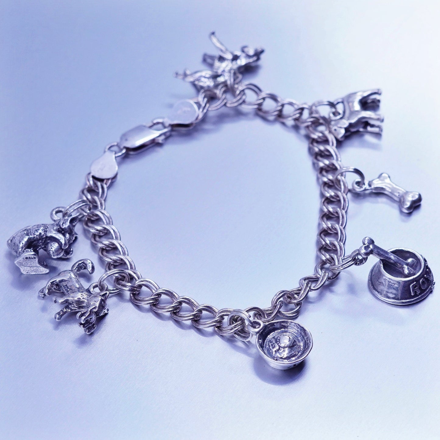 7”, Italy Sterling 925 silver bracelet curb chain dog puppy kitty cat bone bowl