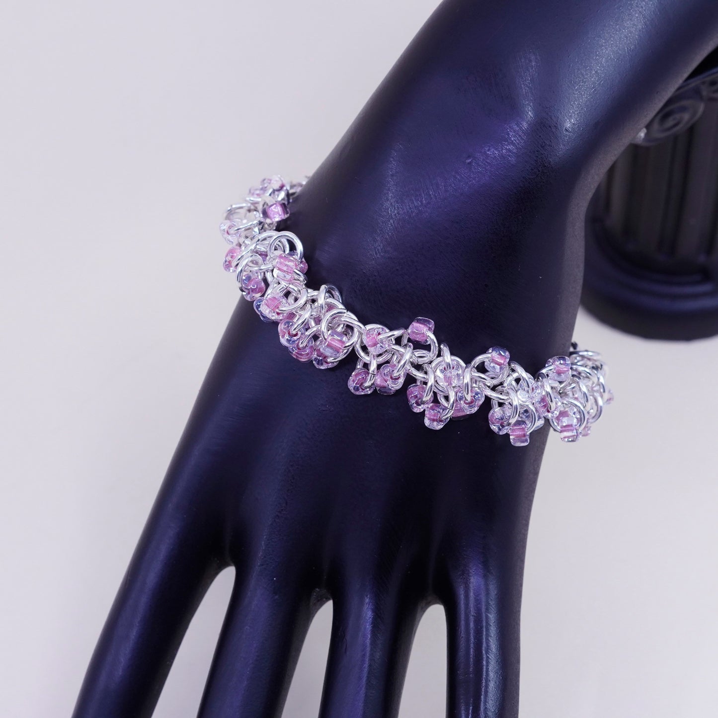 6.75”, Vintage sterling silver bracelet, 925 circle chain cluster pink beads