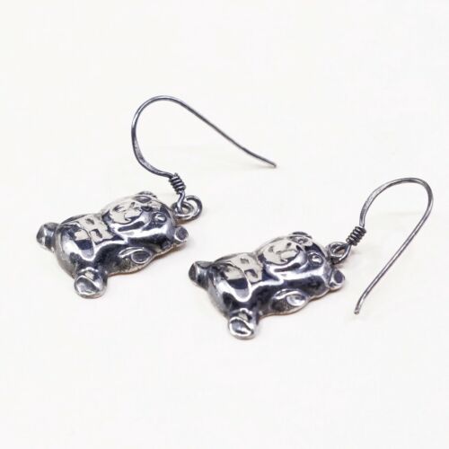 vtg Handmade Hammered Sterling 925 Silver Puffy Teddy Bear Earrings Dangles