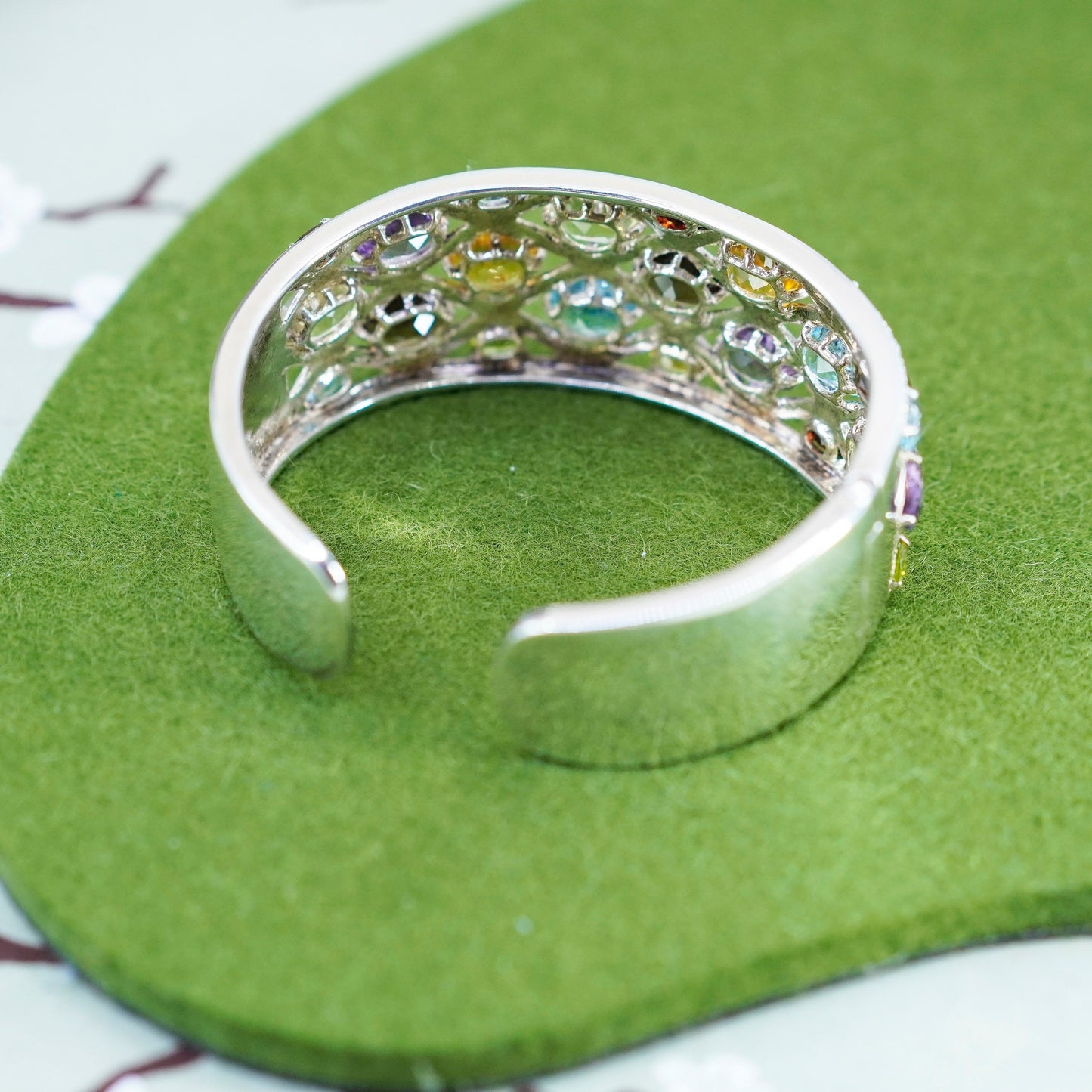 6.5”, vermeil gold Sterling silver bracelet, 925 filigree hinged cuff peridot