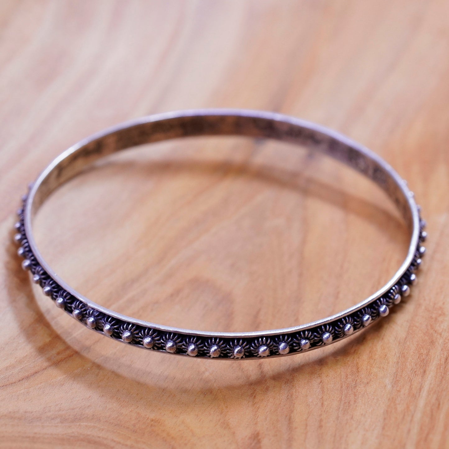 8”, Vintage mexico Sterling silver handmade bracelet, bead textured 925 bangle