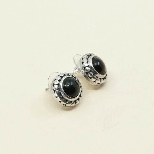 Vintage Sterling Silver Handmade Earrings, 925 Silver Studs W/ Obsidian