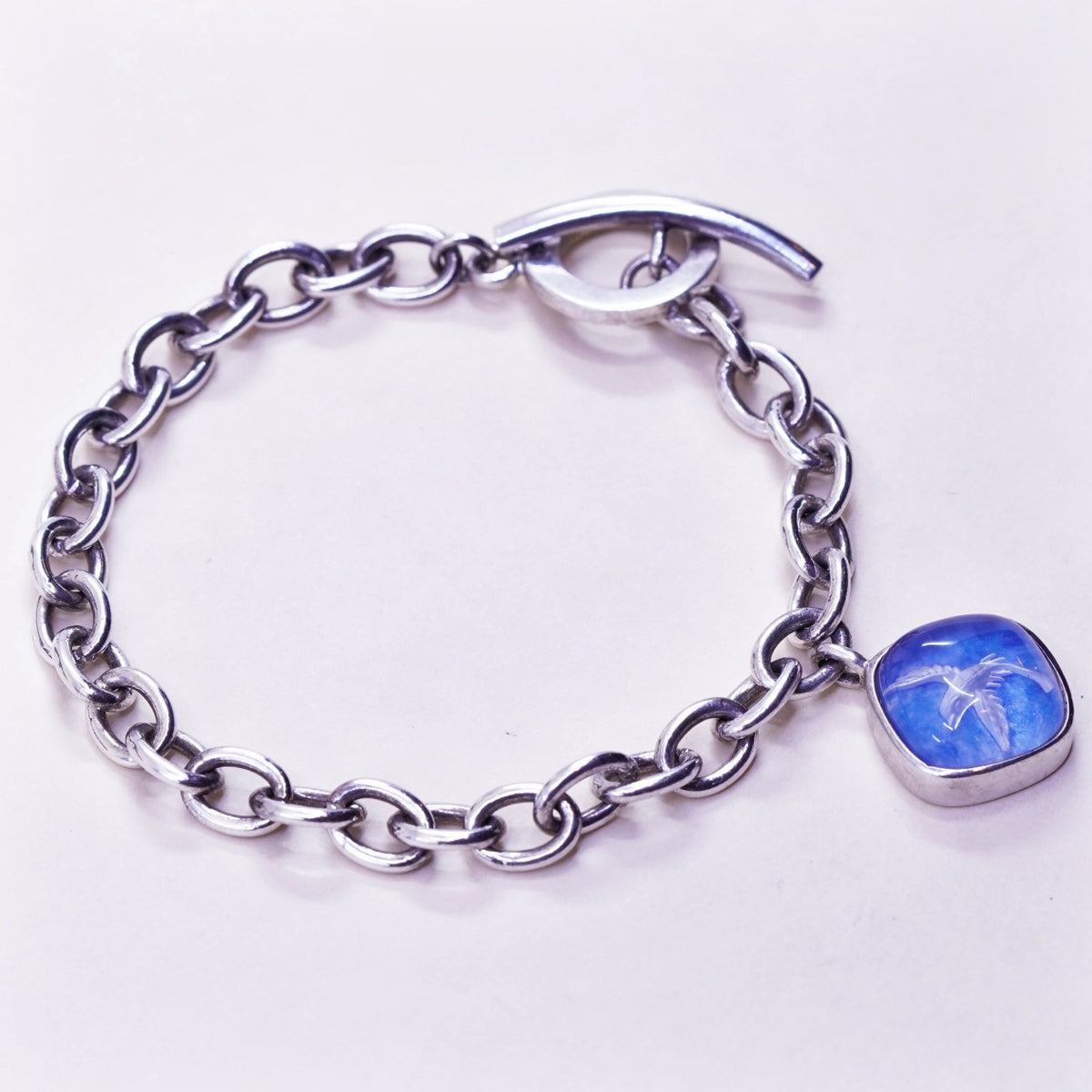 7” Ricardo Intaglio Cayman Islands Sterling 925 Silver bracelet blue dove Charm