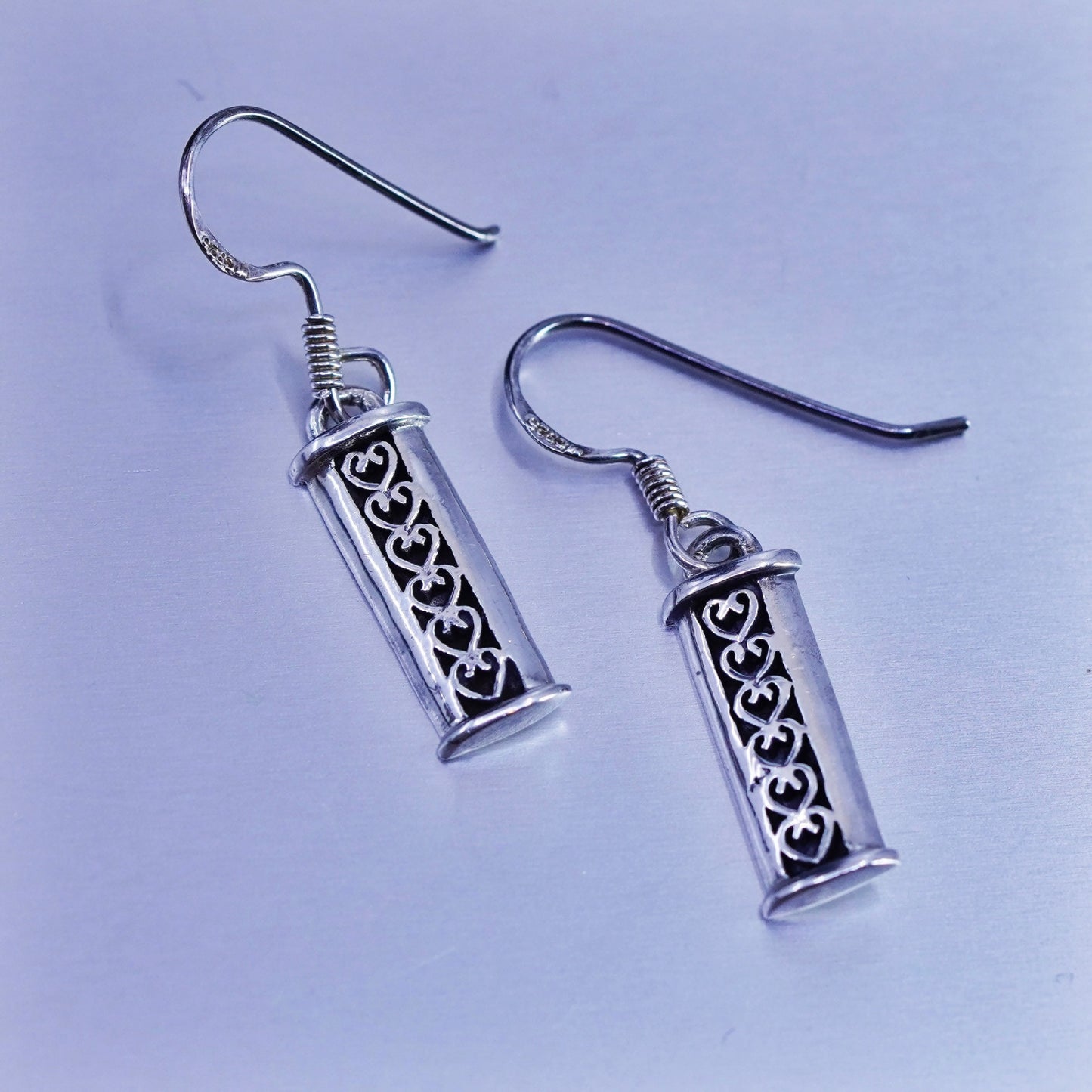 Vintage Sterling 925 silver handmade fringe heart bar earrings
