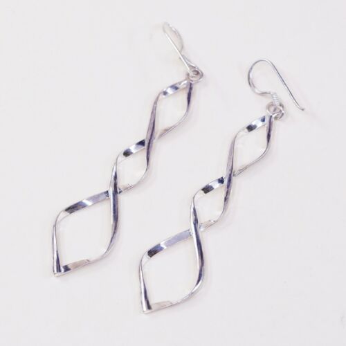 Vtg 925 Sterling Silver Handmade Twisted Dangle Earrings, Stamped 925