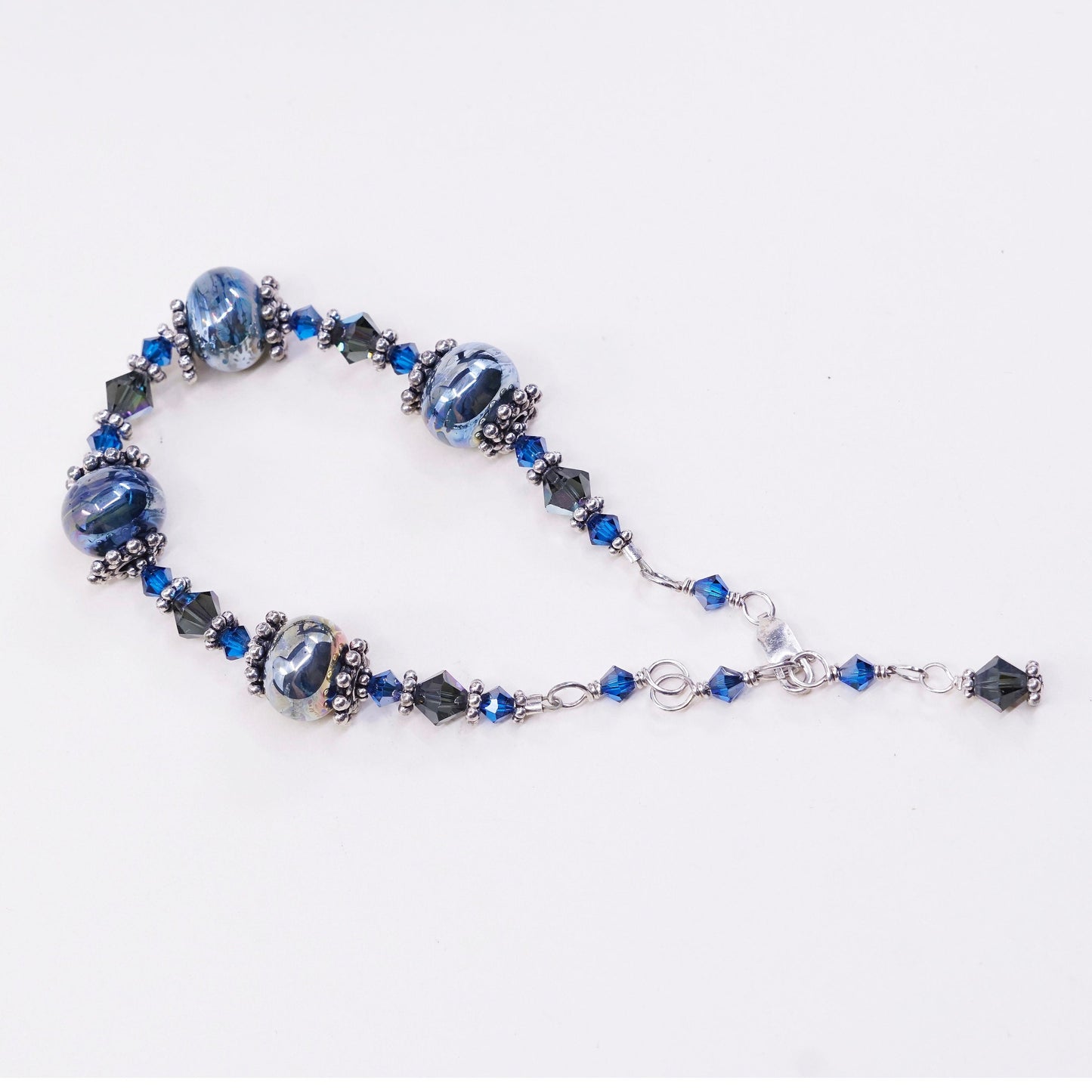 6.5+1”, vtg Sterling silver handmade bracelet, 925 beads w/ blue crystal beads