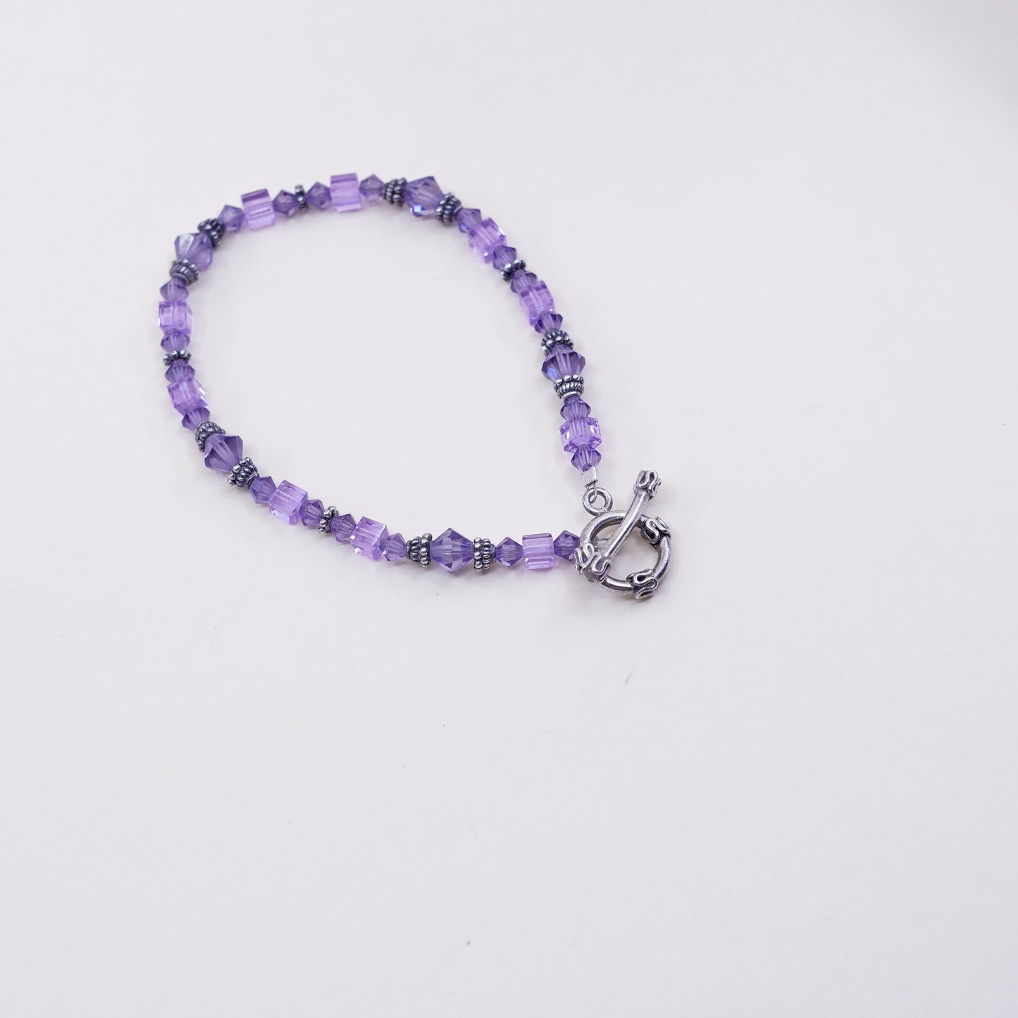 7.25” Vintage Sterling silver handmade bracelet, amethyst crystal beads
