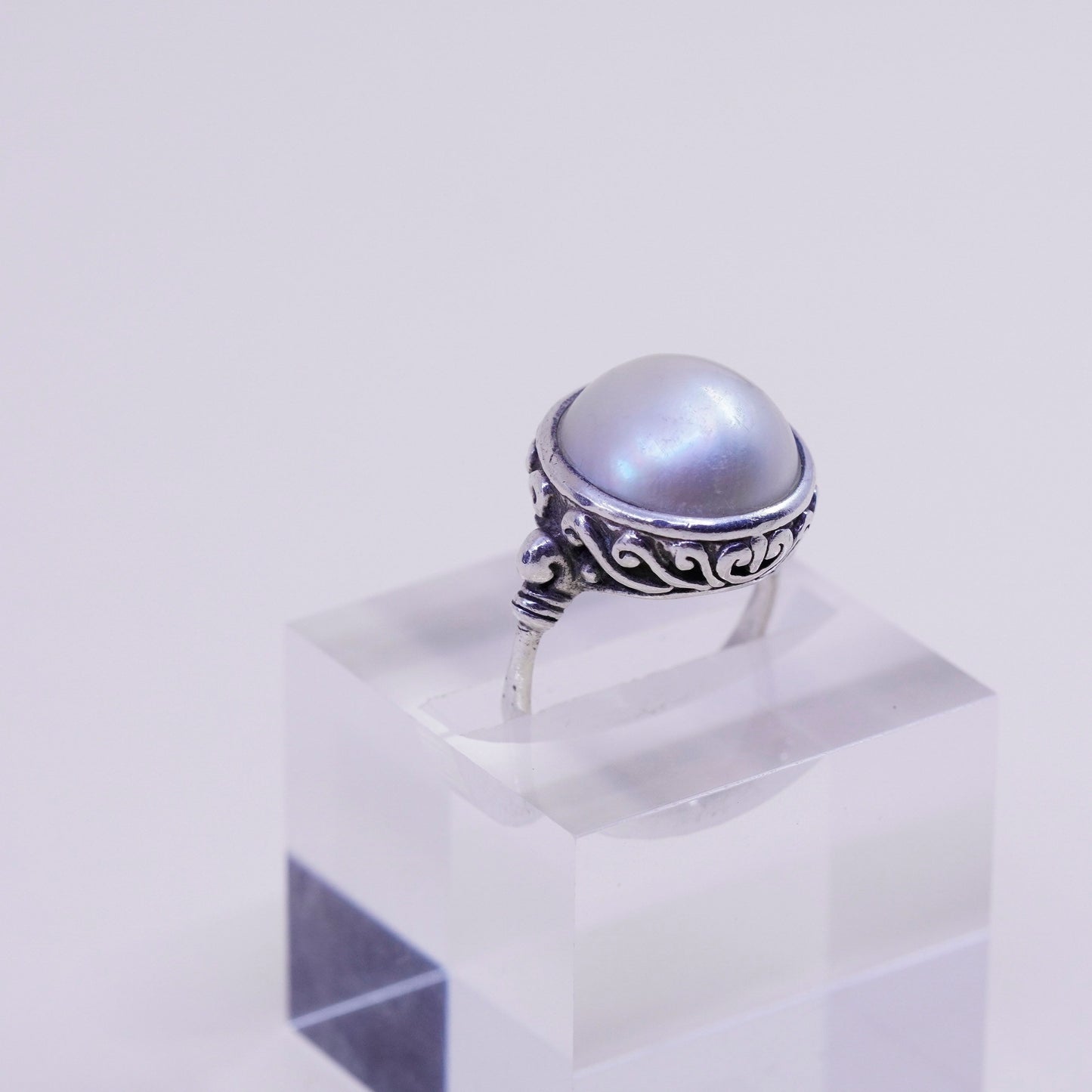 Size 6, vintage Sterling silver handmade ring, modern 925 band with pearl