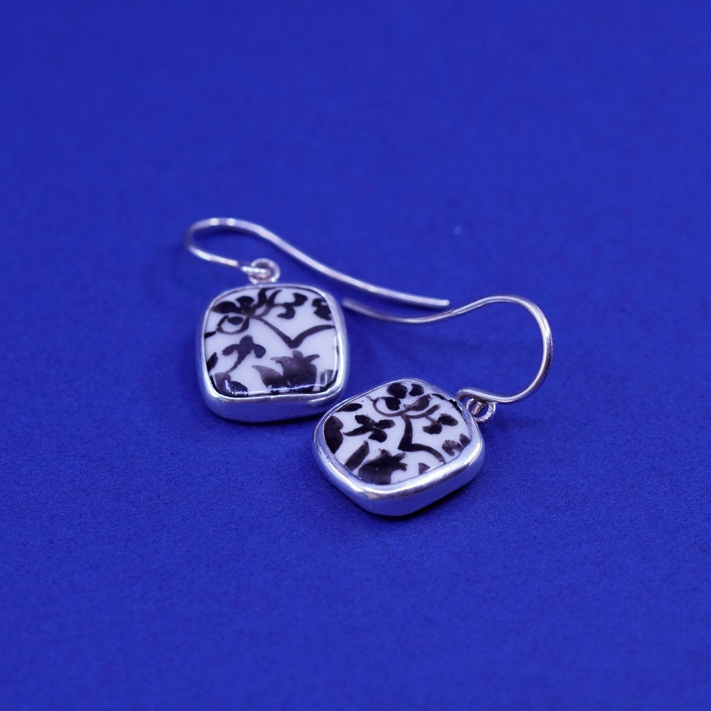 Vintage Sterling 925 silver earrings with broken porcelain China flower drops