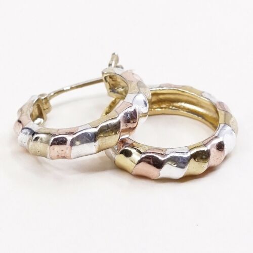 0.75”, Vintage Triple Tone gold over Sterling 925 Silver hoops Huggie Earrings