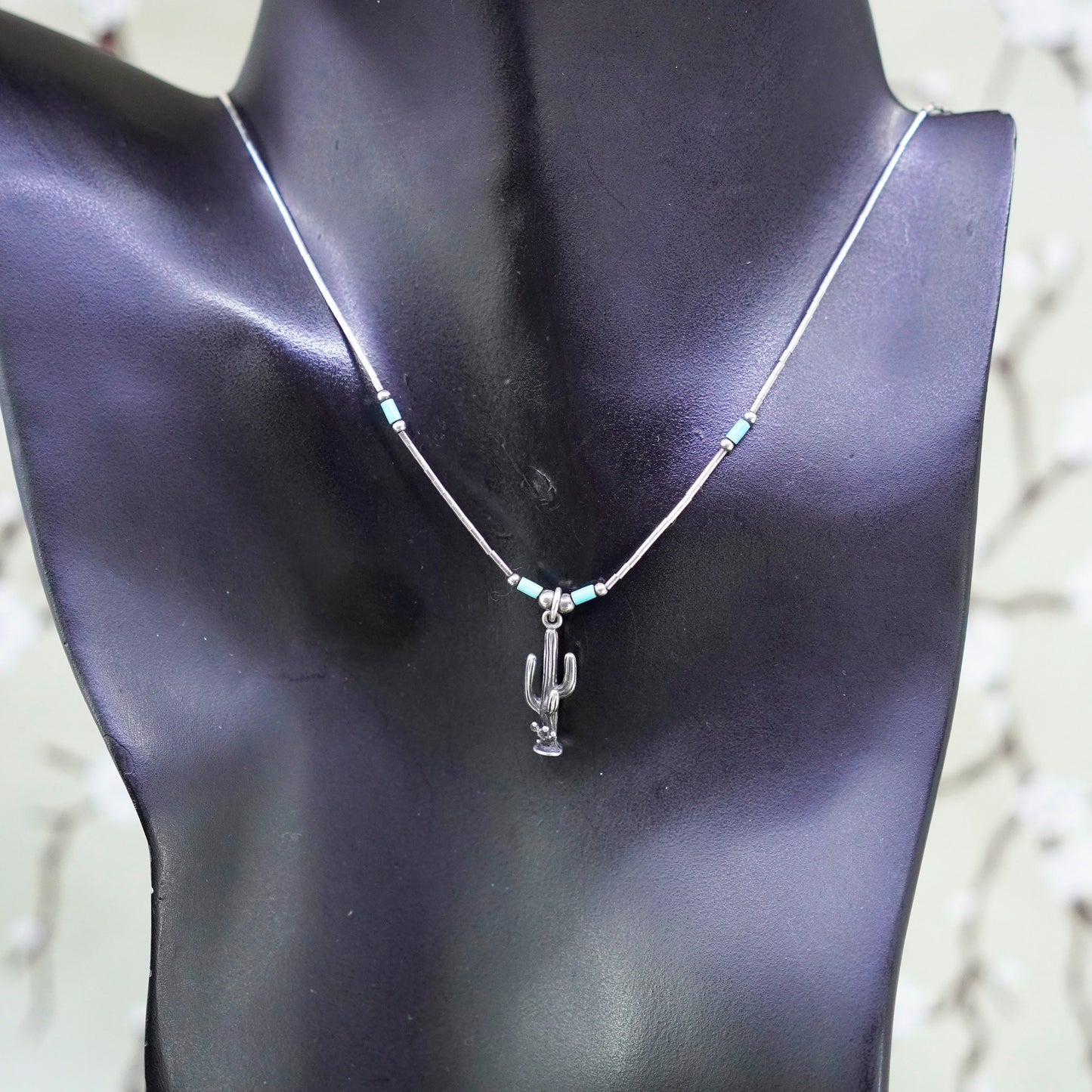 16”, Native American heishi Navajo Sterling necklace, 925 liquid silver cactus