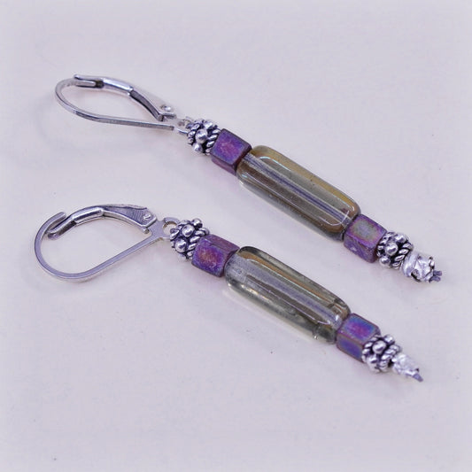 Vintage Sterling 925 silver handmade earrings with artisan glass tube amethyst
