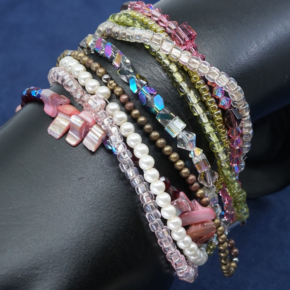 7.25”, vtg sterling silver handmade bracelet, 925 w/ colorful crystal beads