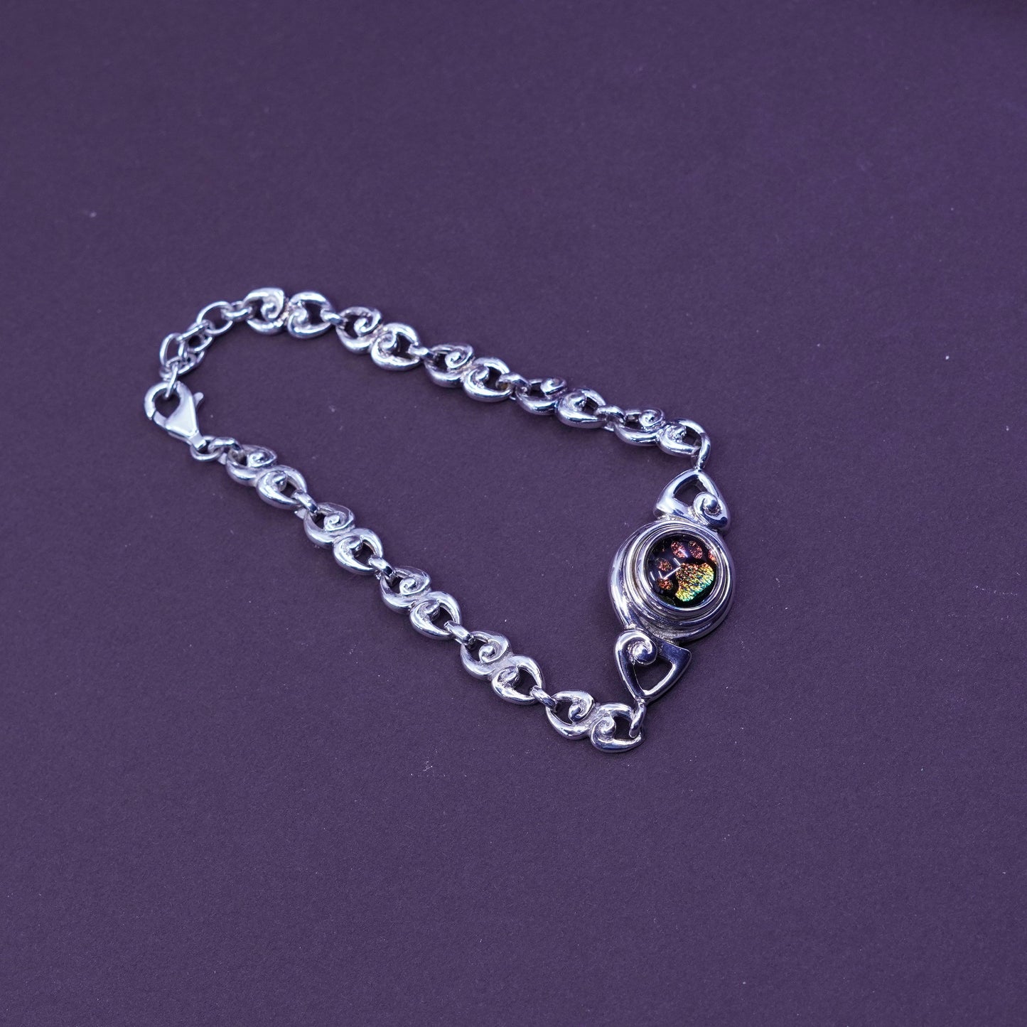 7+1”, Sterling silver bracelet, 925 beaded chain w/ foiled glass dog foot charm