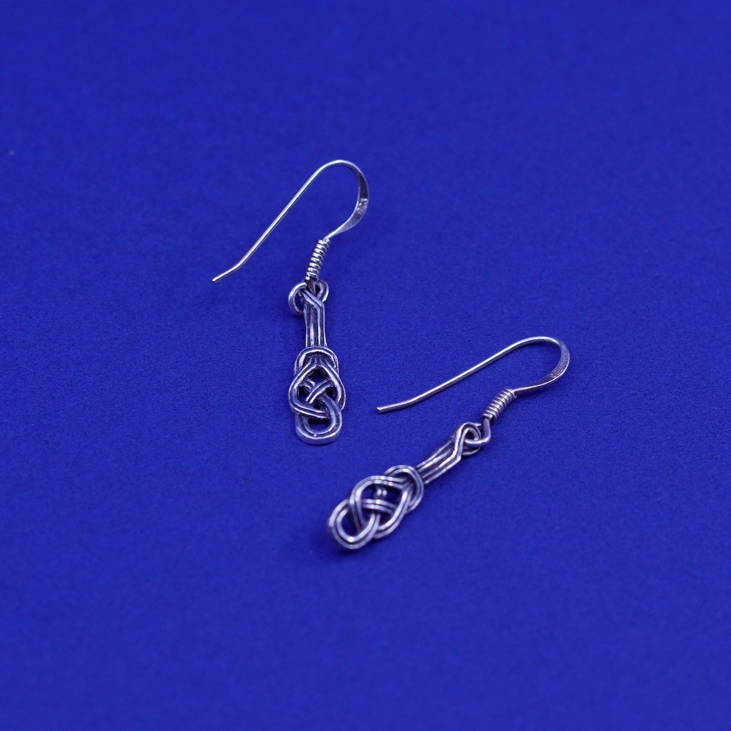 Vintage sterling silver handmade earrings, 925 filigree knot Irish drop