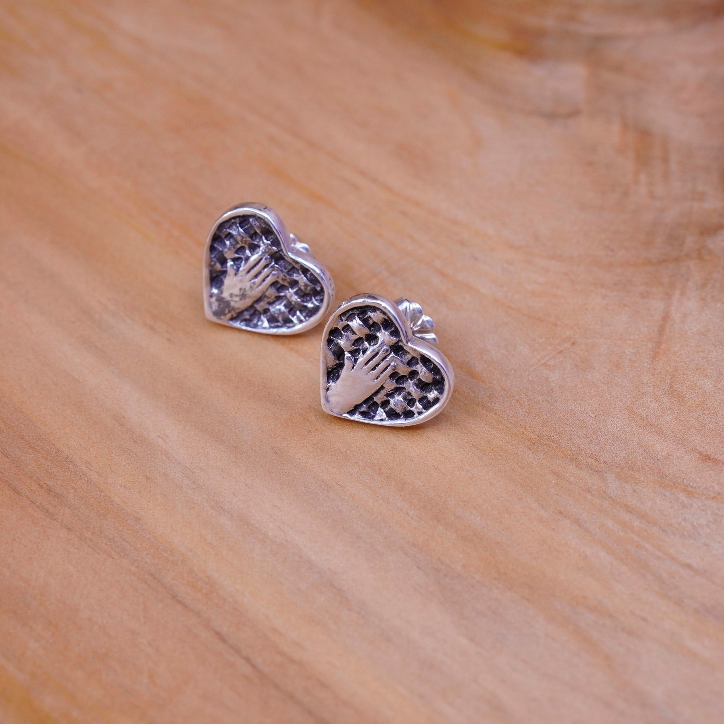 Vintage Sterling silver handmade earrings, 925 heart studs embossed hand