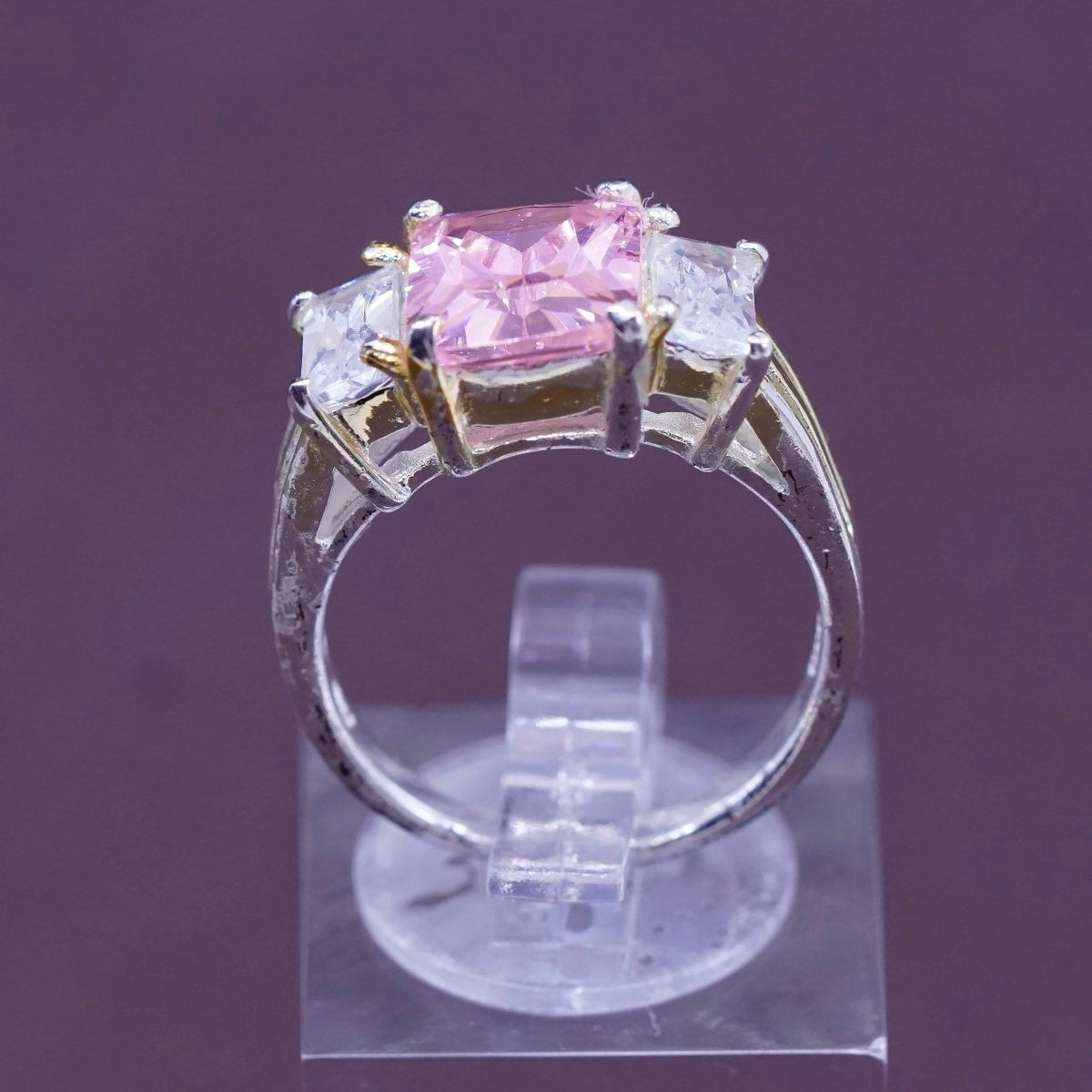 Size 7, vintage Sterling 925 silver ring with pink crystal and clear cz