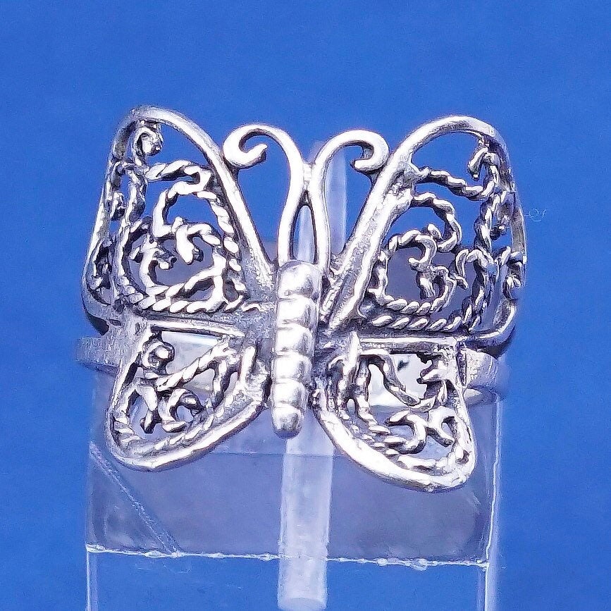 Size 5.75, vtg sterling silver handmade ring, 925 filigree butterfly band