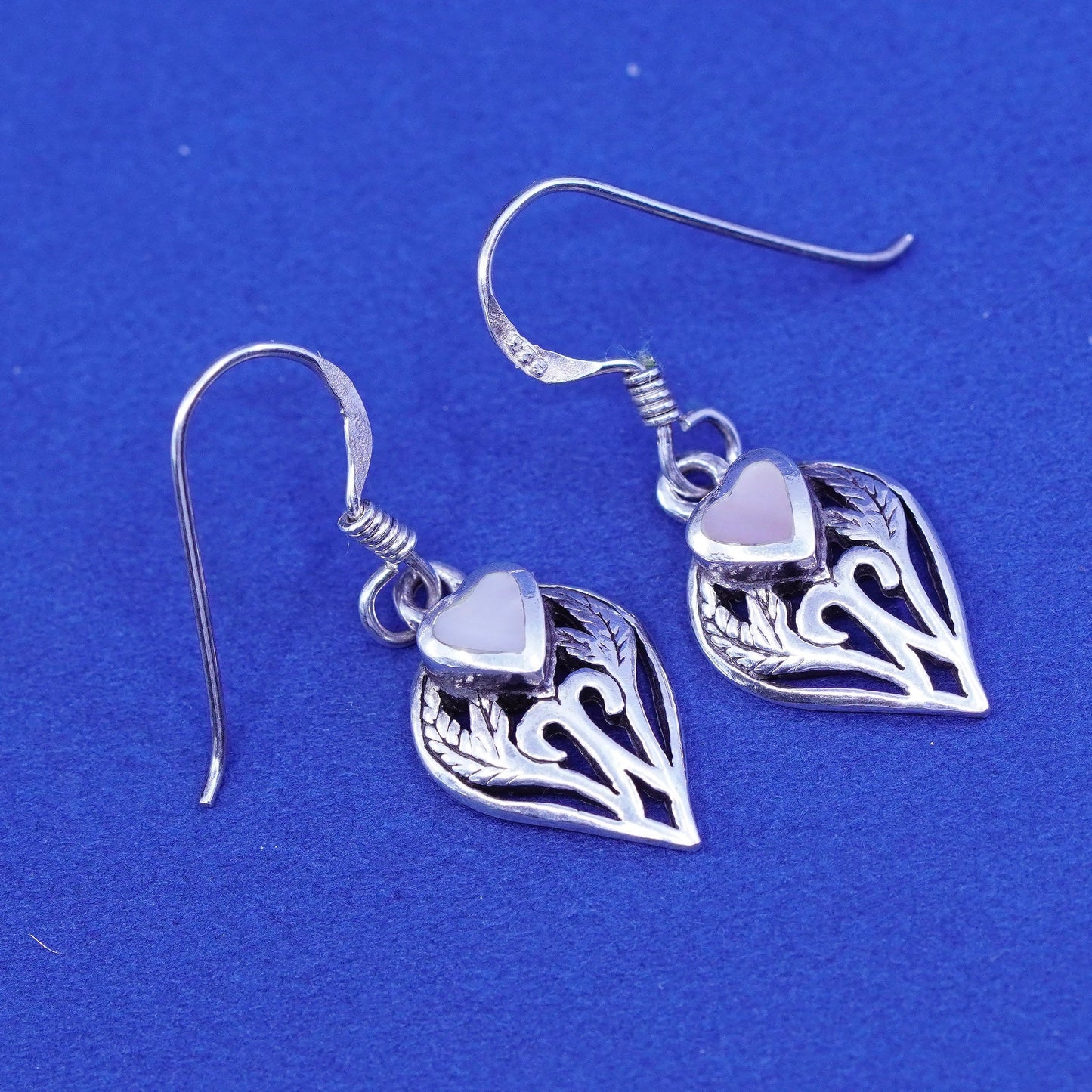 Vintage PSC Sterling 925 silver handmade earrings with heart Dangles