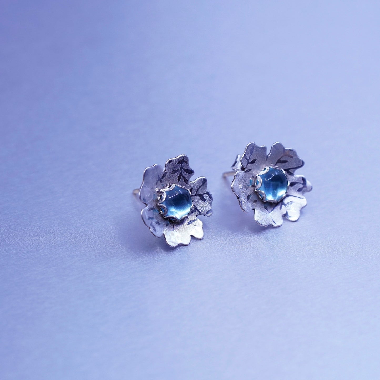 Sterling 925 silver handmade earrings 14K gold posts, flower studs blue Crystal