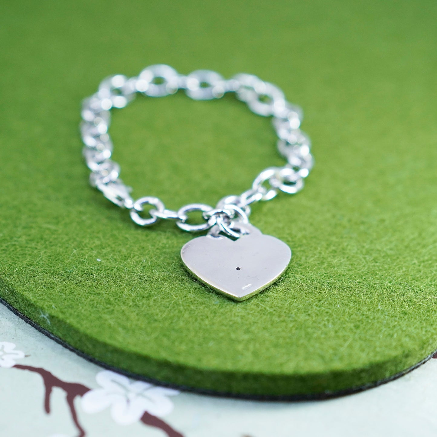 6.75”, sterling silver bracelet, bold 925 circle chain with heart charm diamond