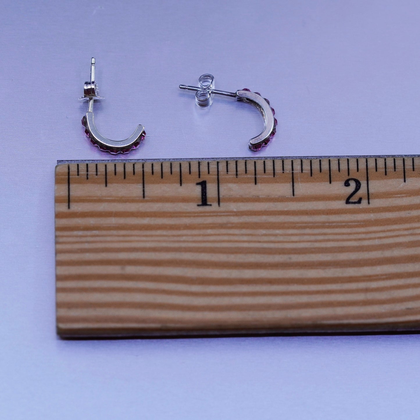 0.5”, vintage Sterling silver handmade earrings, 925 huggie hoops pink crystal