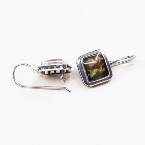 Vtg Sterling 925 Silver Handmade Earrings, solid 925 silver Resin Painting