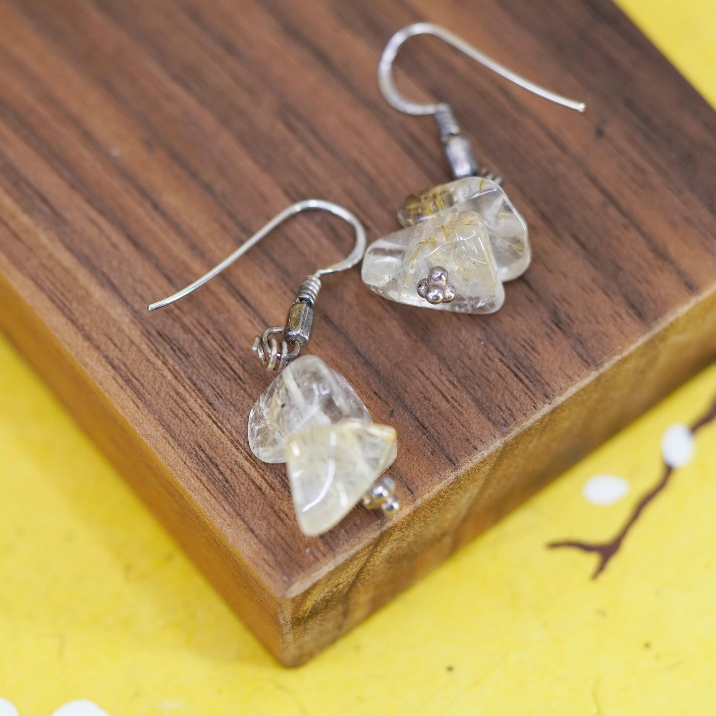 Vintage Sterling 925 silver handmade earrings with rutilated quartz nugget