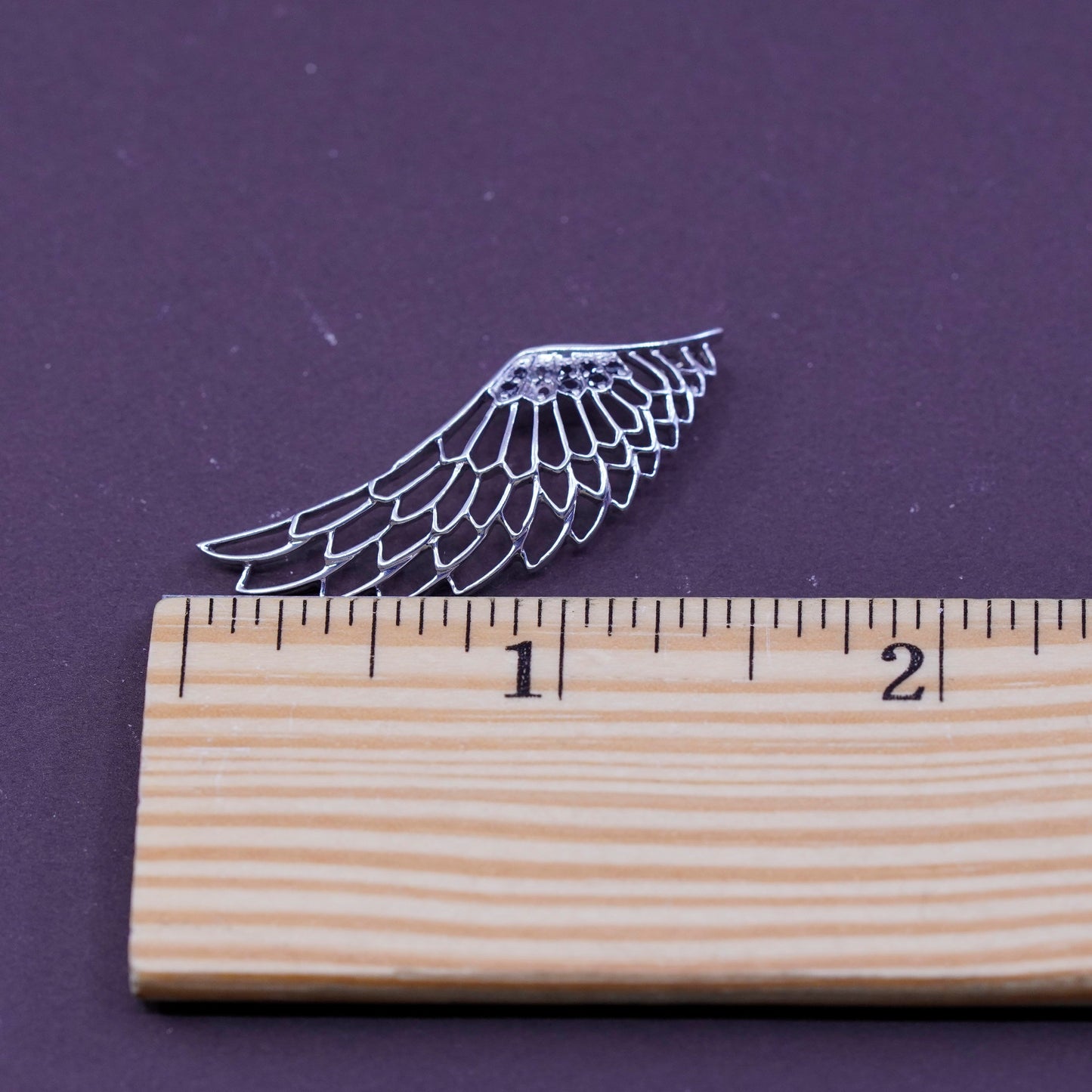 Vintage Sterling silver pendant, 925 silver wing with black diamond