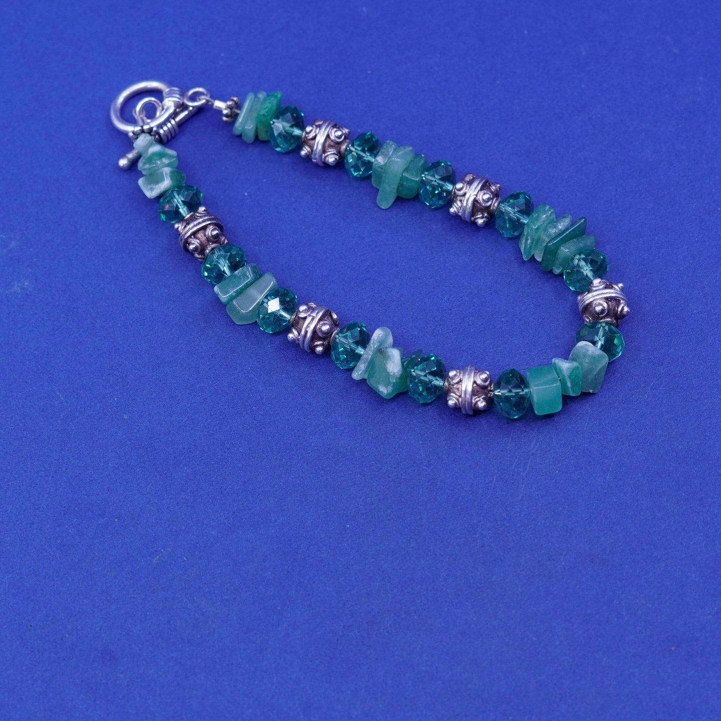 7.5”, vintage Sterling silver handmade bracelet, 925 beads with jade nuggets
