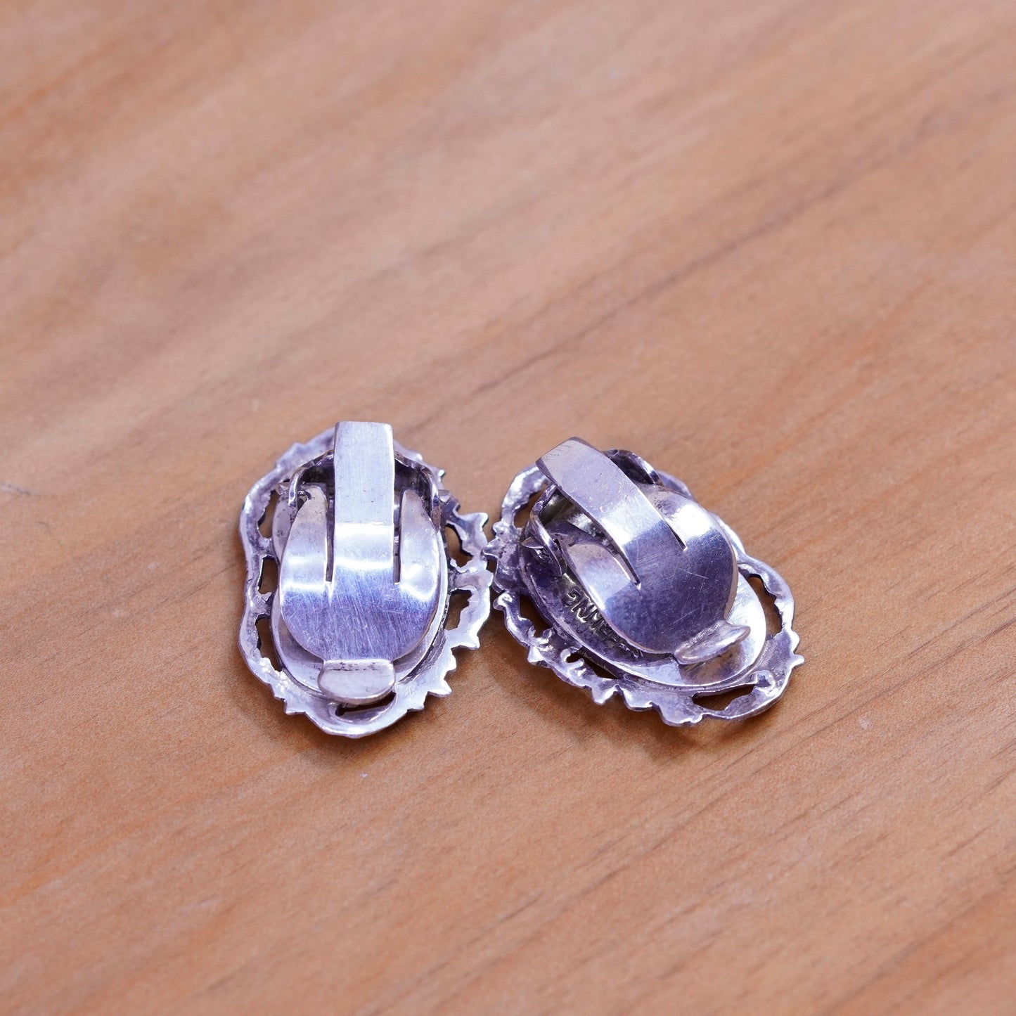 Vintage Siam sterling silver clip on earrings, 925 India earrings, niello, Siam