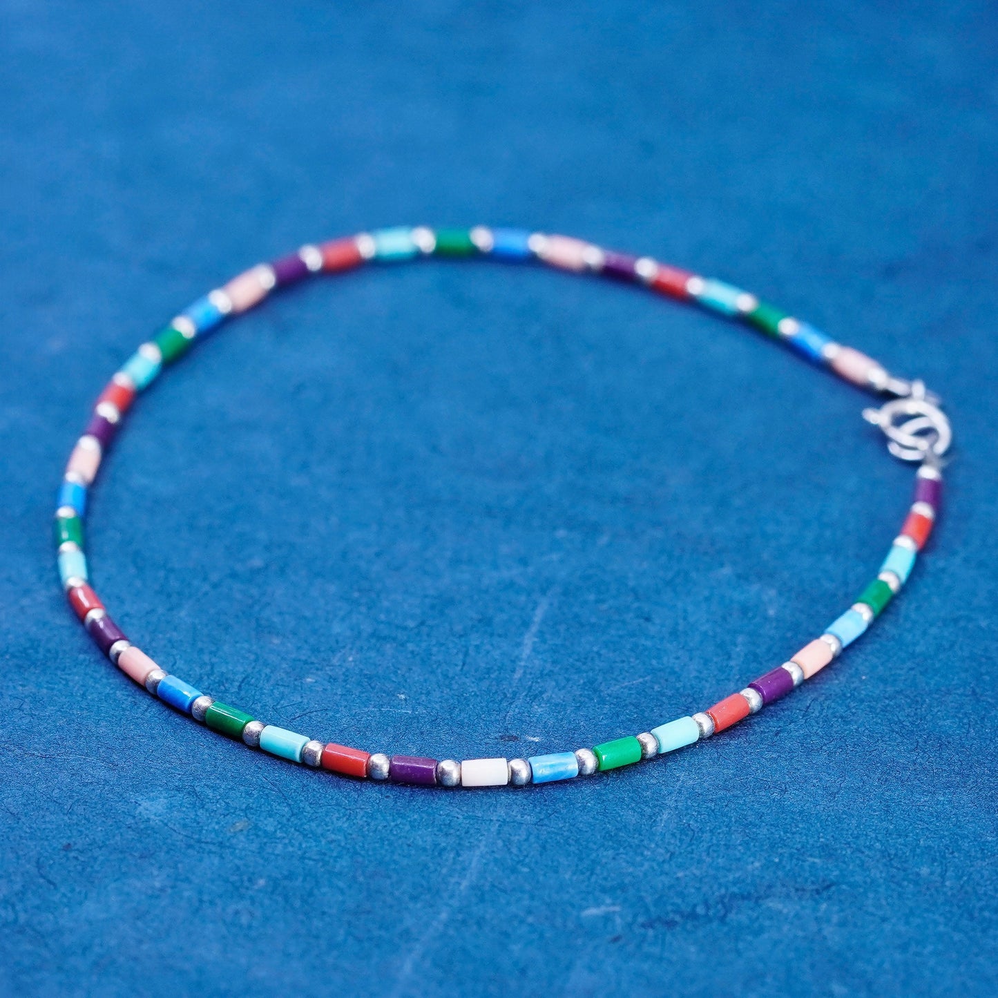 9.5”, sterling 925 liquid silver handmade bracelet, anklet chain colorful beads