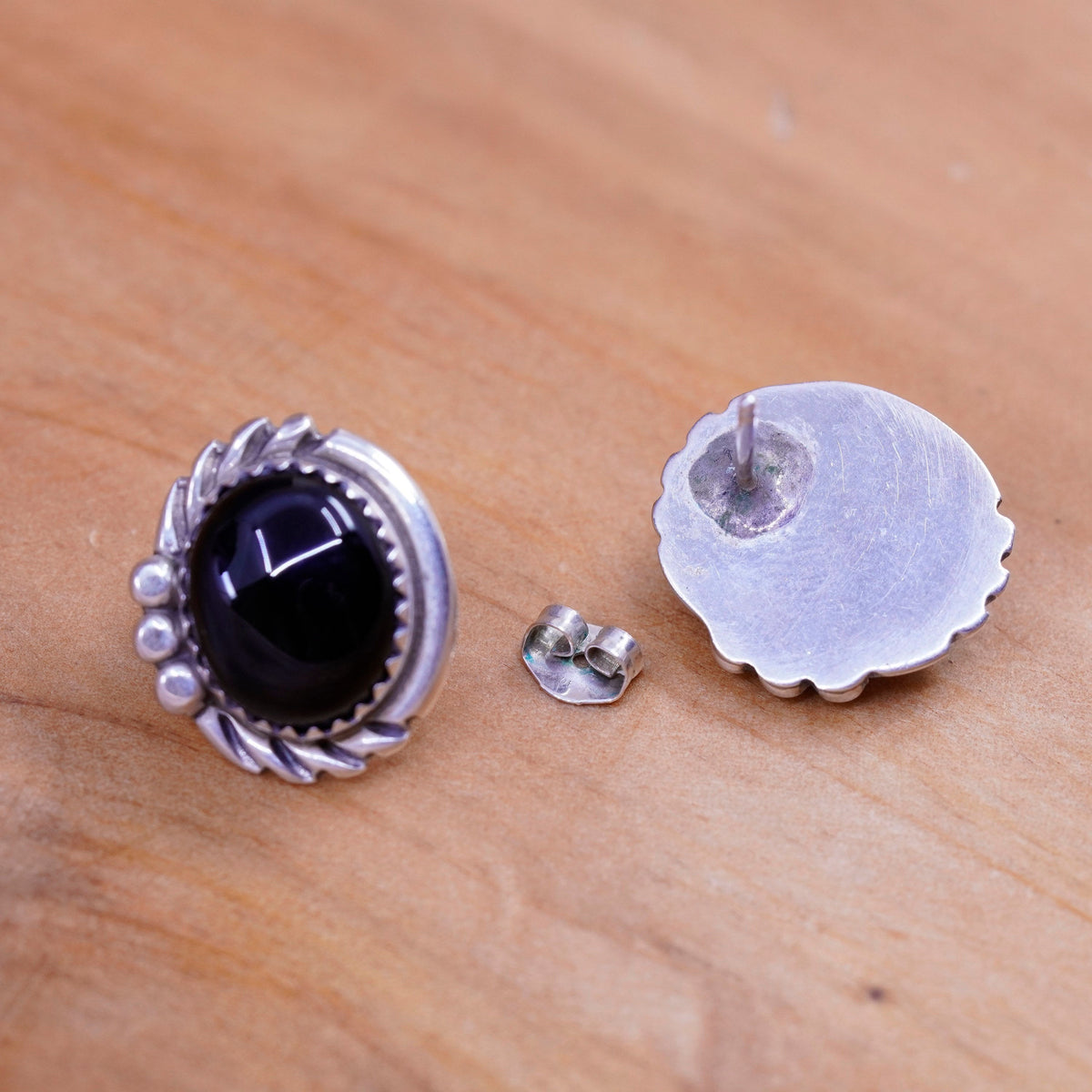 Vintage Sterling silver handmade earrings, southwestern 925 studs with obsidian