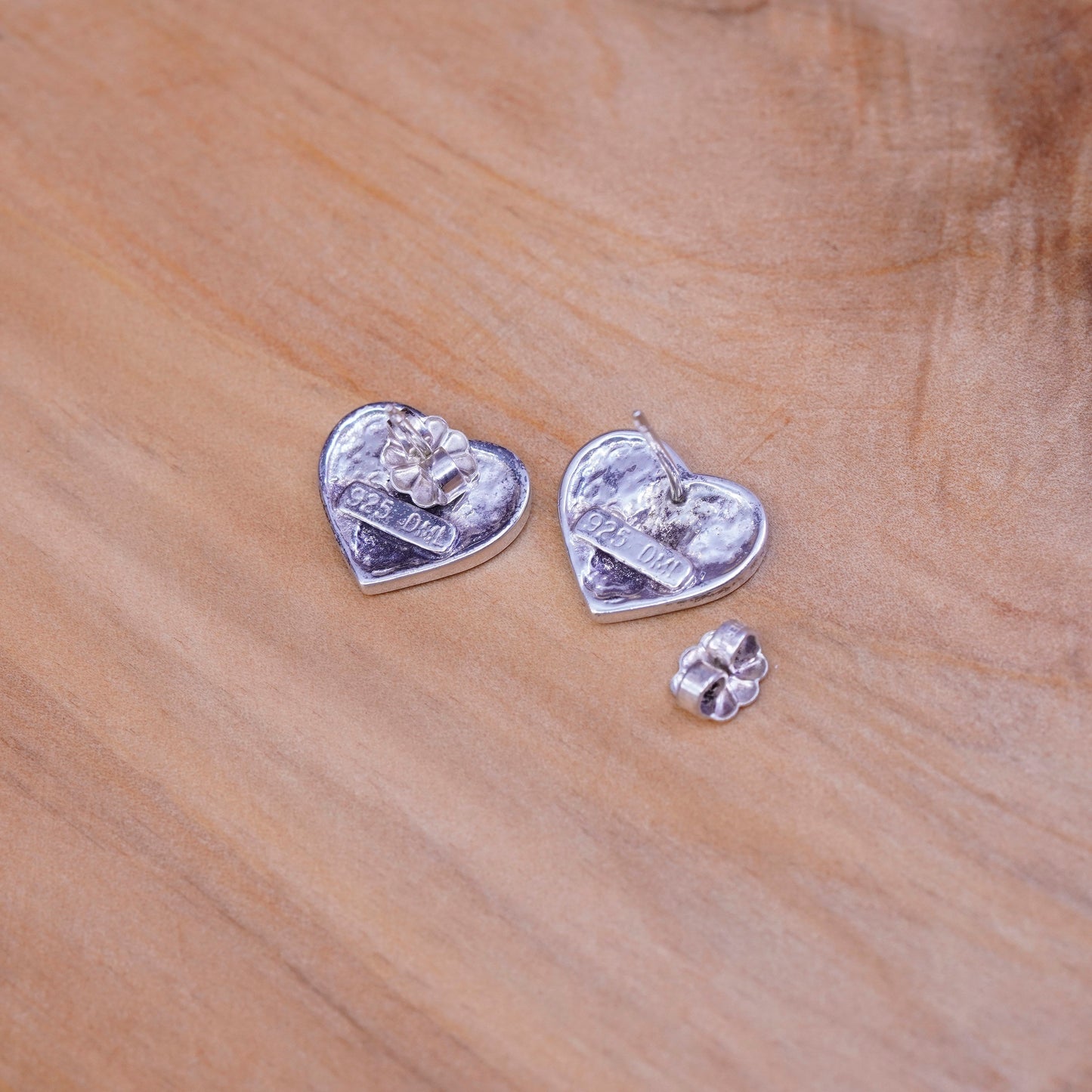 Vintage Sterling silver handmade earrings, 925 heart studs embossed hand