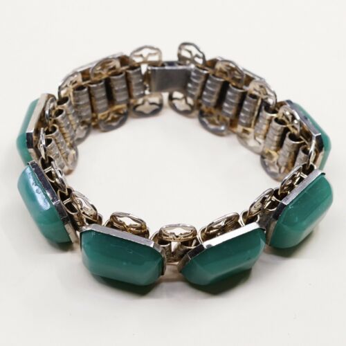 7”, Vintage Statement Sterling Handmade Bracelet, Solid 925 Silver W/ Jade Inlay
