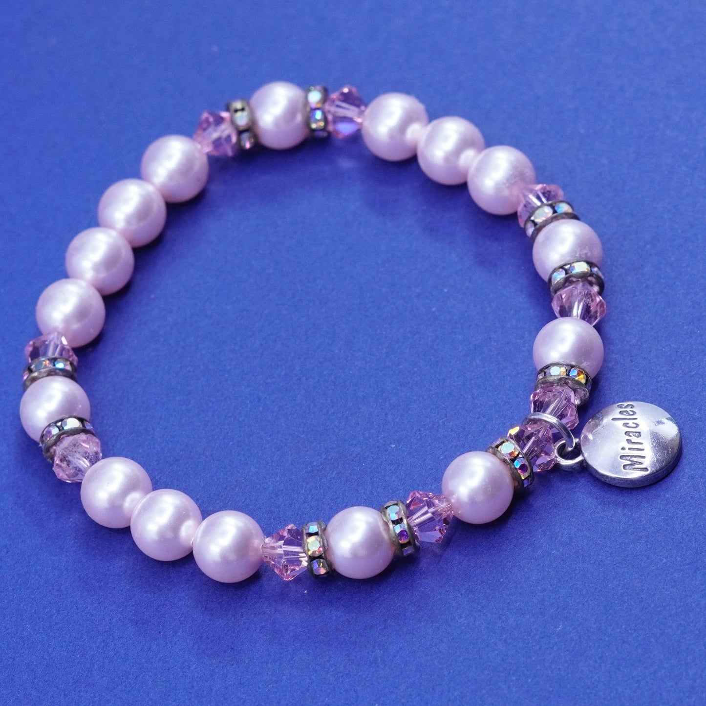 7”, SLC Sterling 925 silver handmade bracelet pearl pink beads miracles charm