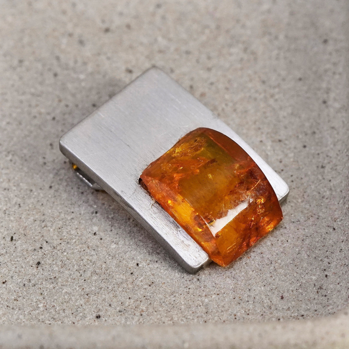 Vintage matte sterling 925 silver handmade modern pendant with amber