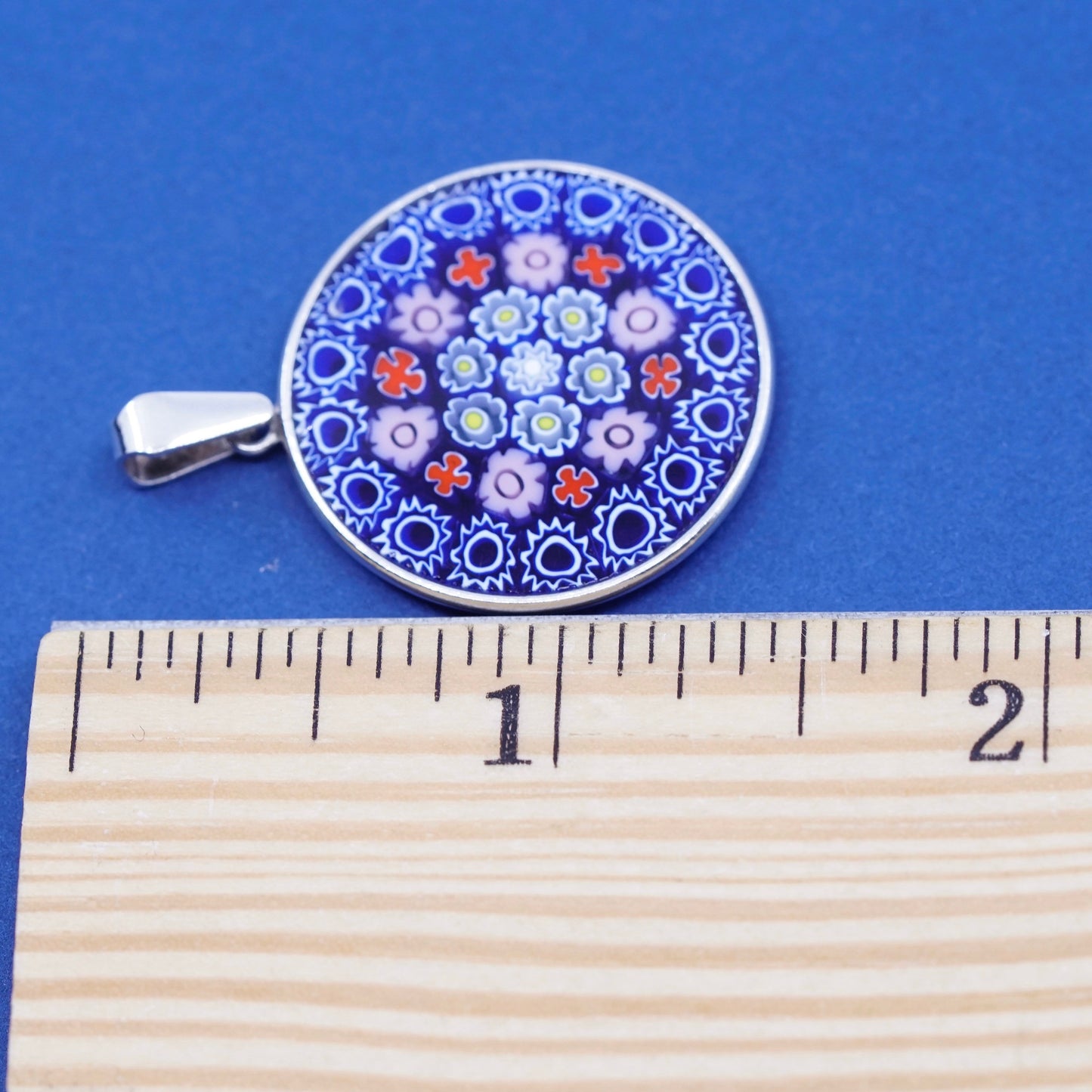 vtg handmade sterling silver tag pendant, 925 w/ multiciori murano glass