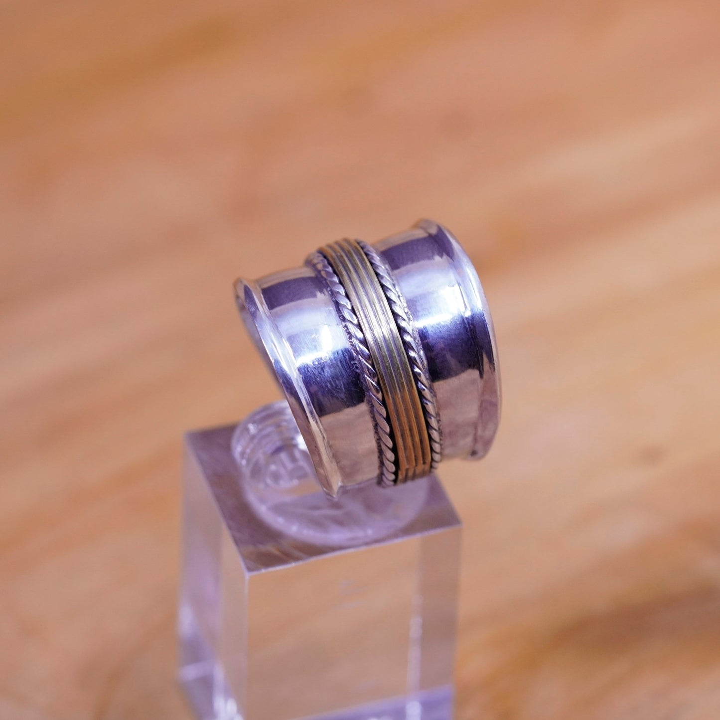 Size 9.5, vintage two tone Sterling silver handmade ring, wide 925 band brass